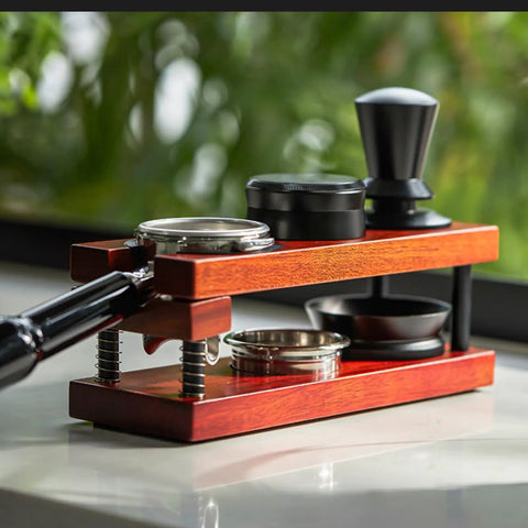 Keep Your Shot Prep Crisp With This Solid Tiered Espresso Tamper Station And Knock Box Organizer Universal 51 To 58 Millimeter Portafilter Holder Natural Wood Coffee Bar Organizer Setup with black tamper and storage.