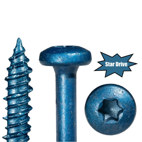 Pro Grade Star Drive Pan Head Concrete Screws 100 Pack 3/16 X 1 3/4 Inch close-up of star drive head design and rust-resistant blue finish.