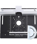 Heavy Duty Router Table Lift System With 51 Millimeter Stroke And Durable Aluminum Base showing a black aluminum insert plate with measuring scales.