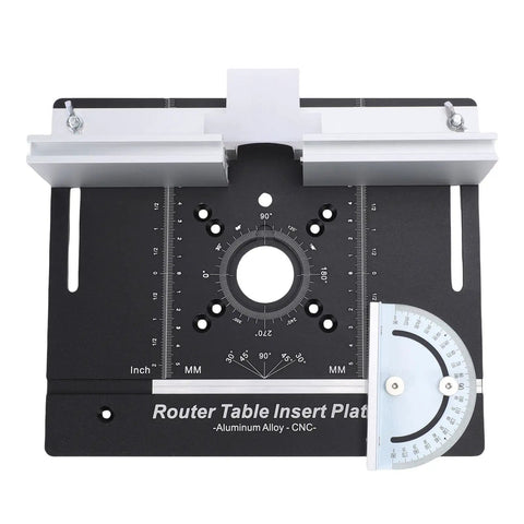 Heavy Duty Router Table Lift System With 51 Millimeter Stroke And Durable Aluminum Base showing a black aluminum insert plate with measuring scales.