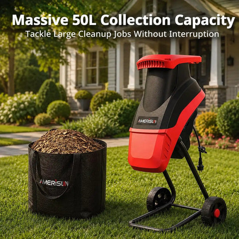 Powerful 15 Amp Electric Wood Chipper Shredder with 4200 RPM, 1.75 Inch Branch Capacity, 50 Liter bag in garden setting