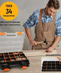 Man using Dual Side 34 Compartments Mini Tool Box Organizer With Customizable Layout And Removable Partitions in workshop
