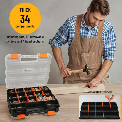 Man using Dual Side 34 Compartments Mini Tool Box Organizer With Customizable Layout And Removable Partitions in workshop