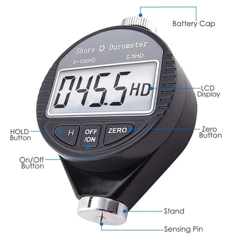 Portable Digital Hardness Tester 0 To 100 HD Shore D Durometer With Large LCD Display For Rubber Tires Plastics Thermoplastics Flooring And Bowling Balls Data Hold Zero Calibration Button Boss Level Accuracy Easy No Brainer To Use, front view