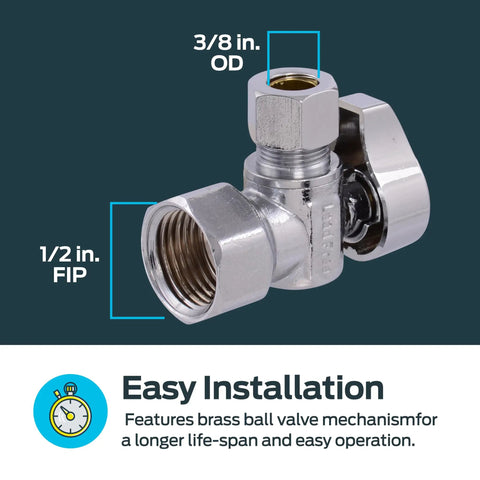 One Half Inch FIP To Three Eighth Inch OD Compression Quarter Turn Angle Stop Valve In Chrome Brass Plumbing Fitting