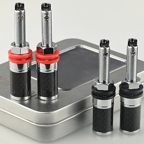 Rhodium Plated HiFi Terminal Blocks 2 Pack Rock Solid Solderless Wiring Posts with rubber rings and metal mounting screws.