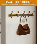 Space Saving Wall Mount Coat Rack With 5 Hooks And Key Holder in vintage aluminum with brown bag and keys hanging, mounted on wall