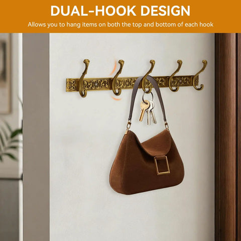 Space Saving Wall Mount Coat Rack With 5 Hooks And Key Holder in vintage aluminum with brown bag and keys hanging, mounted on wall