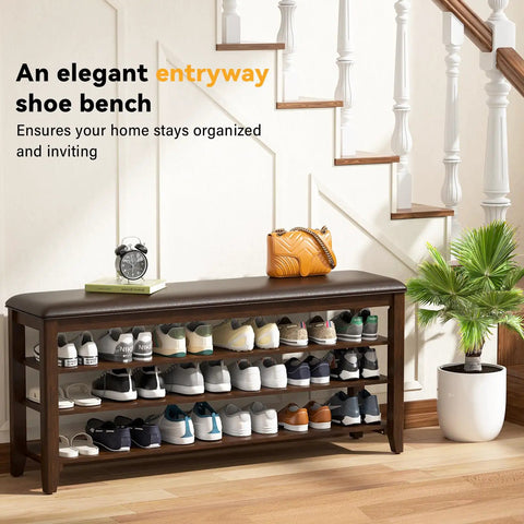 Durable Rubberwood Shoe Bench With Leather Cushion For Entryway And Mudroom, showcasing 3 height adjustable removable shelves.