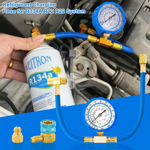 Slick R134A Refrigerant Recharge Kit With Heavy Duty Charging Hose And Dual Dial Gauge For Fast Home AC Cool Down Includes BPV31 Bullet Piercing Tap Valve And Self Sealing Adapter For No Sweat Maintenance