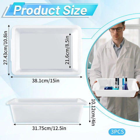 Three Pack Polypropylene Containment Tray Set 15 Inch Long, 10.8 Inch Wide, 4 Inch High Rectangular Lab Tray For Sterilizing