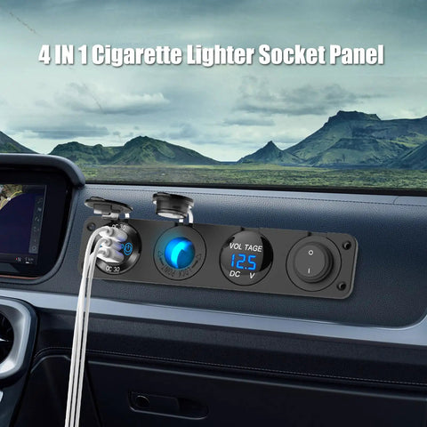 4 In 1 12V USB Outlet Marine Switch Panel Kit With PD3.0 and Dual QC3.0 USB Ports 150W lighter socket installed in vehicle dash
