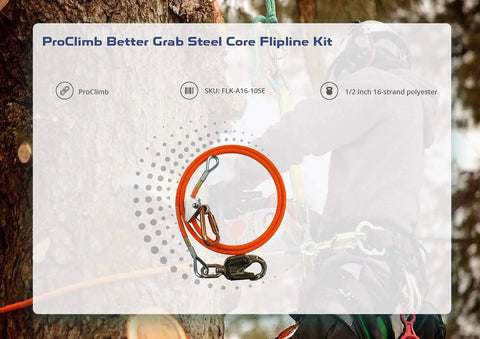 High Visibility Flip Line Kit for Arborists, Half Inch by Ten Feet, shown with steel core and neon orange polyester wrap.