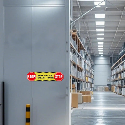 Five Pack Heads Up Watch Out For Forklift Traffic Floor Stickers 24 By 6 Inches Caution Safety Signage in warehouse