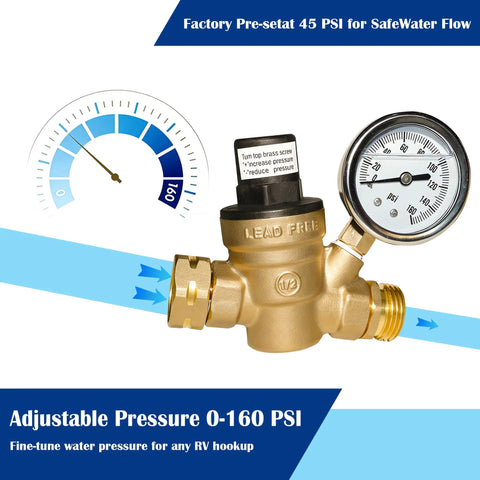 Water Pressure Regulator Valve For RVs With Gauge And Inlet Screened Filter Brass RV Part For Camper Trailer Performance, Leak Prevention, And Smooth Water Pressure On The Road. Brass RV water pressure regulator valve with gauge, 3/4-inch threads, and 0-160 PSI dial