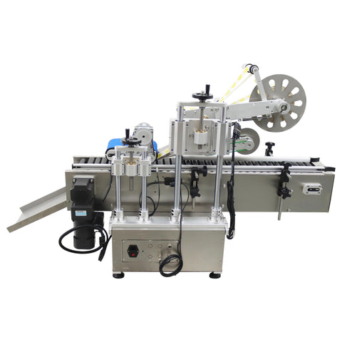 Automatic Desktop Conveyor Roller Labeling Machine For Round Bottles handles various containers with adjustable guide rails.
