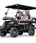 Sleek Black 4-Seater Electric Golf Cart With Raised Stance, Heavy Duty Shocks, Plug And Play Charging, Flex Cargo Trunk, 44 Mile Range Weekend Warrior Build For Parks And Hotel Runs, front view with spacious seats.