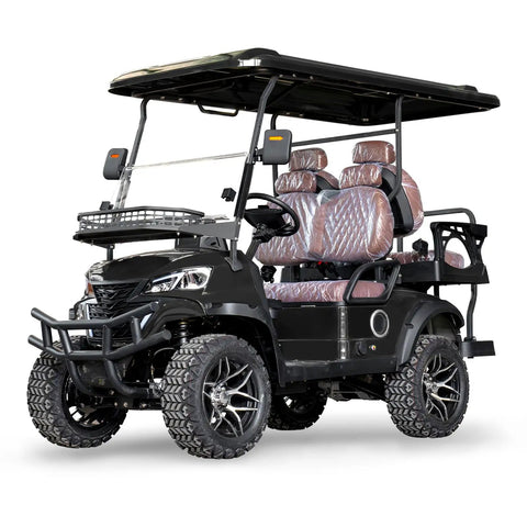 Sleek Black 4-Seater Electric Golf Cart With Raised Stance, Heavy Duty Shocks, Plug And Play Charging, Flex Cargo Trunk, 44 Mile Range Weekend Warrior Build For Parks And Hotel Runs, front view with spacious seats.