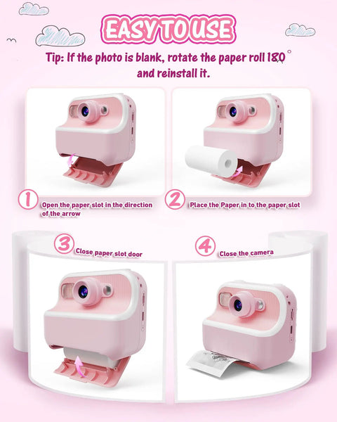 Six Roll Instant Camera Thermal Paper Refill For Kids Compatible With Most Instant Cameras High Gloss White Photo Paper For Rich Colors Durable Thick Print Paper For Clear Long Lasting HD Color Prints. Pink kids instant camera with paper roll loading steps and blank photo tip