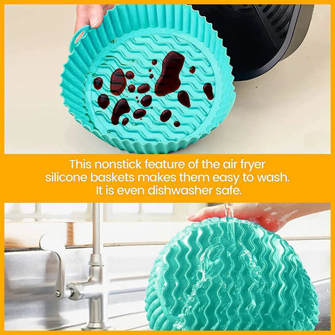 Round 8 Inch Silicone Air Fryer Liners 2 Pack Red And Cyan Nonstick Reusable Heat Resistant Dishwasher Safe For 3 Qt to 6 Qt