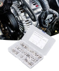 Badass 140 Piece Knurled Conical Spring Washers Kit 304 Stainless Steel Heavy Duty Serrated Locks For Car Repair And DIY Shops With M4 M5 M6 M8 M10 Sizes Keeps Bolts Tight Anti Rust Finish Built Strong So Machines Never Fail During Tough Grind Days. open case with assorted stainless spring washers beside car alternator