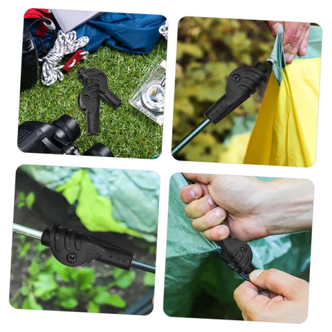 Camping Tent Pole Connector Joint Set Four Pieces For Quick Assembly And Easy Repair in use and close-up views.