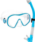 F-Dual and Tao Dry Snorkel Mask Set With Dry Top, Wide Field Of View Single-Lens Mask in clear turquoise finish