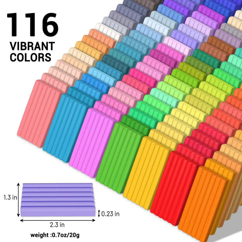 Polymer Clay Kit With 116 Colors For Oven Bake Modeling, showing stacked colorful clay bars with size dimensions