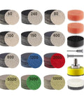 Super Fast 188 Piece Hook and Loop Sanding Discs Set With Grit From 60 To 10000 For Wet Or Dry Use On Auto Wood And Metal Plus Vent Holes That Keep Dust Down showing various grit discs from 60 to 10000.