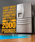 Heavy Duty Furniture Movers Dolly Kit With Double Bearings And Locking Wheels under a refrigerator, reflects 2000 lb max capacity.