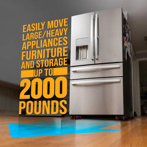 Heavy Duty Furniture Movers Dolly Kit With Double Bearings And Locking Wheels under a refrigerator, reflects 2000 lb max capacity.