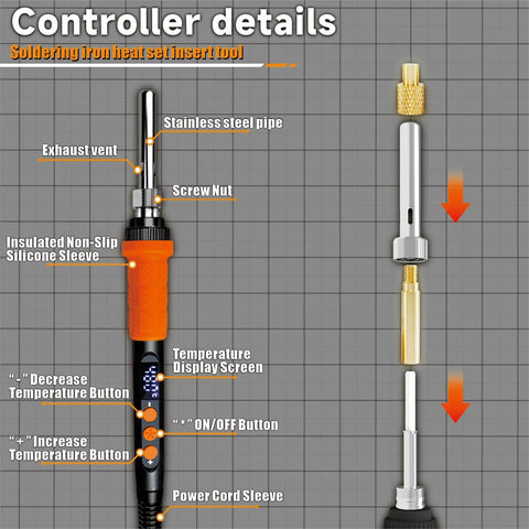 Heat Set Insert Tool Kit With 90W Digital Soldering Iron, Adjustable 180 To 500 C LCD Temperature Readout, controller details diagram