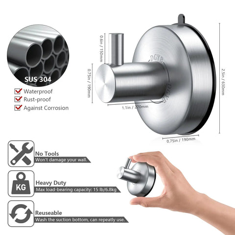 Shower Suction Cup Hooks Set Of 2 Brushed Nickel Stainless Steel SUS 304 Towel And Loofah Hooks Holds Towels Up to 15 Pounds