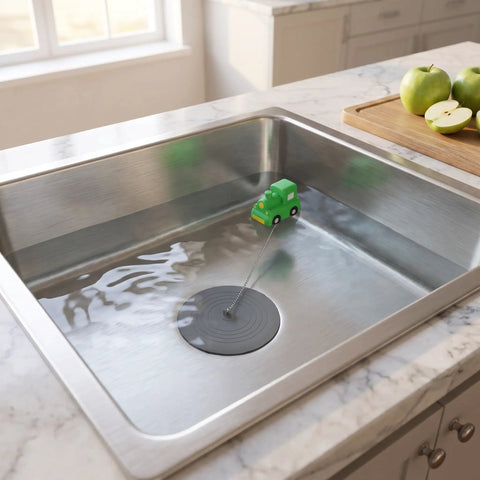 TEHAUX Silicone Bathtub Drain Stopper 15cm, Hair Catcher for Bathroom with green toy car in a sink.