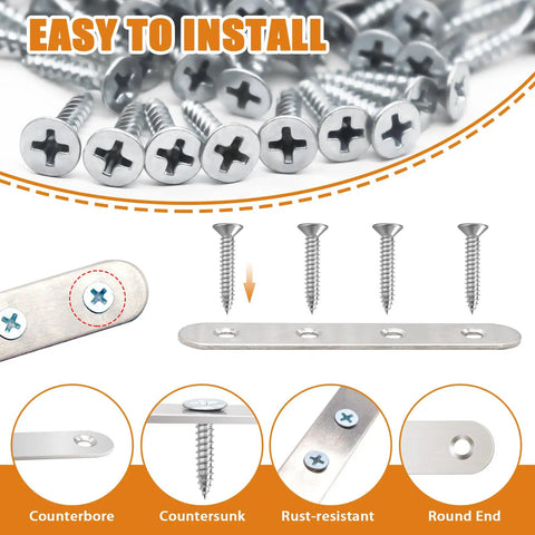 Heavy Duty Stainless Steel Flat Metal Brackets And Mending Plates 96 Pack screws with countersunk heads, rust-resistant design, easy installation.
