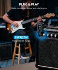 Musician playing guitar with 2.4GHz Wireless Guitar System With No Lag And Ultra Low Latency For Clear Stage Ready Tone Up To 65 Feet