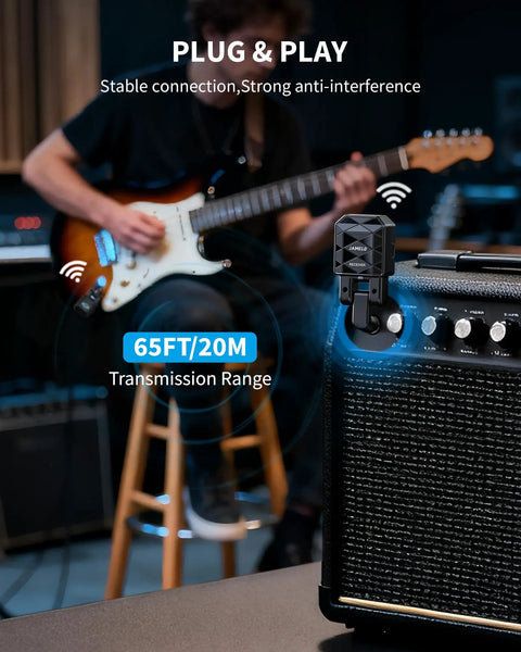 Musician playing guitar with 2.4GHz Wireless Guitar System With No Lag And Ultra Low Latency For Clear Stage Ready Tone Up To 65 Feet