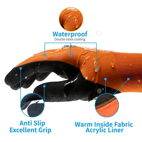 Winter Waterproof Work Gloves For Men, Insulated Cold Weather Gear That Keeps Your Hands Warm And Dry In 0 C And 32 F, Grippy Latex Dipped Exterior