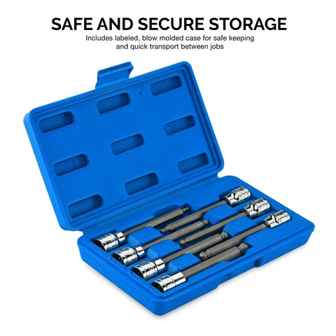 Extra Long Ball End Hex Bit Socket Set for Three Eighths Inch Drive to Handle Metric Fasteners From Three To Ten Millimeter, 7 Piece Set in Blue Case