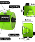 Set Of Five Legit Sturdy Handheld Tally Clicker Counters With Four Digit Dial And Slick Abs Body Built To Track Game Day. Green counter with buttons and digital display.