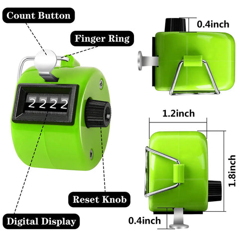 Set Of Five Legit Sturdy Handheld Tally Clicker Counters With Four Digit Dial And Slick Abs Body Built To Track Game Day. Green counter with buttons and digital display.