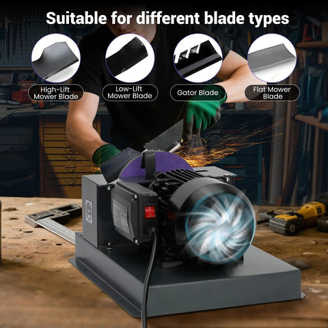 Badass Heavy Duty Lawn Mower Blade Sharpener With Nine Inch Grinding Disc And One Horsepower Motor sharpening various blades.