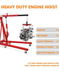 Heavy Duty Hydraulic Engine Hoist And Folding Cherry Picker With Six Swivel Wheels, Straight Up 4400 Lb Portable Crane with a steel frame.