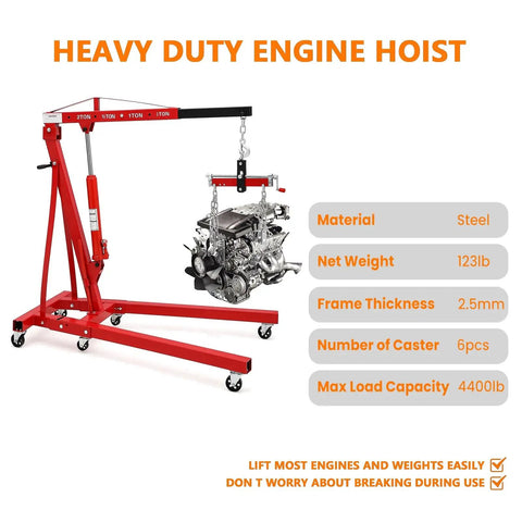Heavy Duty Hydraulic Engine Hoist And Folding Cherry Picker With Six Swivel Wheels, Straight Up 4400 Lb Portable Crane with a steel frame.