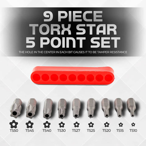 Heavy Duty Torx Star Five Point Tamper Proof Security Bits Set with red case, 9-piece driver bit kit TS10 to TS50 shown