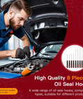 Mechanic using 8 Piece Auto Tool Set with Precision Oil Seal Picks and Mechanical Device Picks on car engine