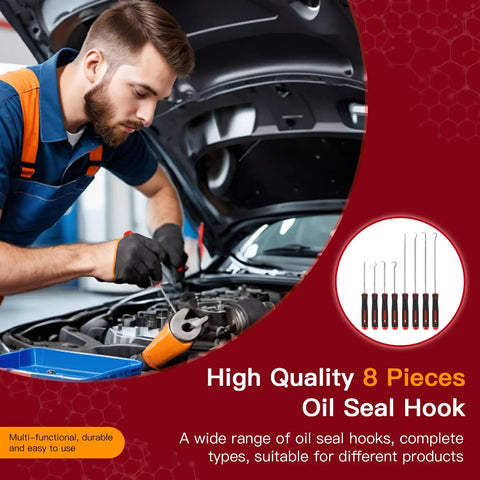 Mechanic using 8 Piece Auto Tool Set with Precision Oil Seal Picks and Mechanical Device Picks on car engine