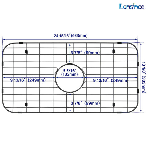 Diagram of Black Stainless Steel Sink Grid For Kitchen Sinks 24 15/16 By 13 1/8 Inch Pro Grade Bottom Protector And Grate showing dimensions.