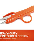 Orange contoured cutting scissors with heavy-duty design for comfortable use, accompanied by product text.