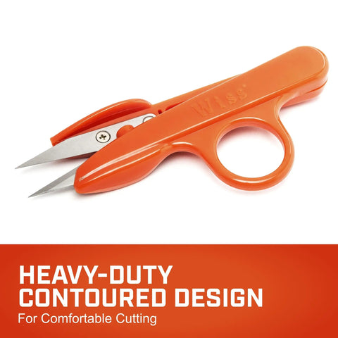 Orange contoured cutting scissors with heavy-duty design for comfortable use, accompanied by product text.